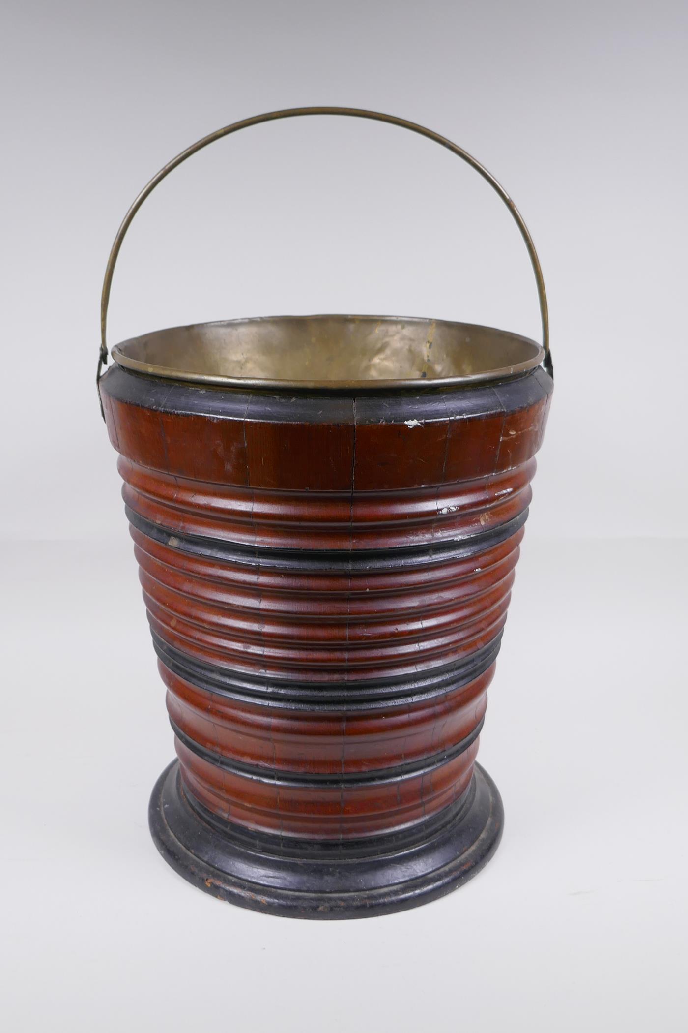 A Dutch coopered fruitwood and brass lined peat bucket, 34cm high, 28cm diameter - Image 3 of 5