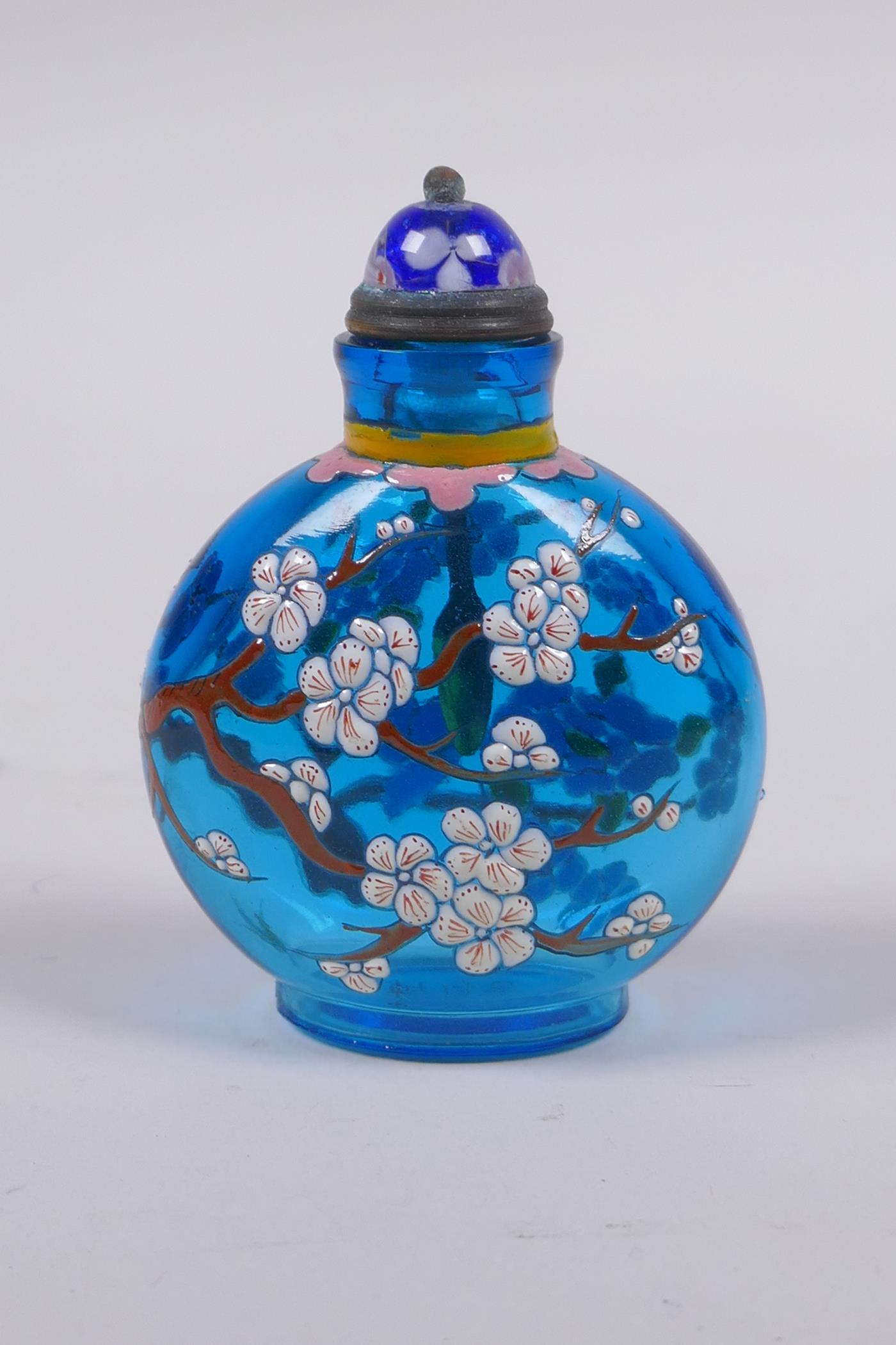 A Chinese blue glass snuff bottle with polychrome enamel decorated of birds in a prunus tree, 3 - Image 3 of 4