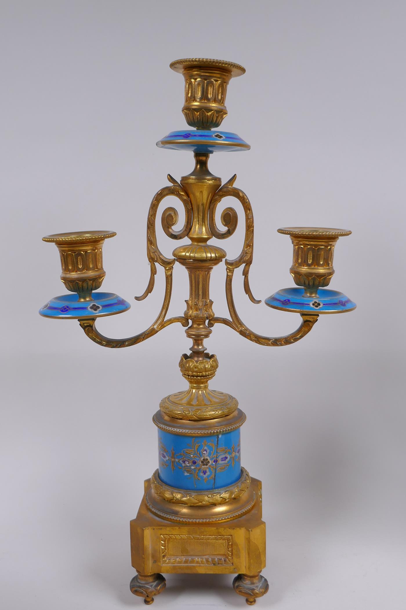 A late C19th/early C20th French ormolu and Sevres style porcelain clock garniture, the hand - Image 8 of 13