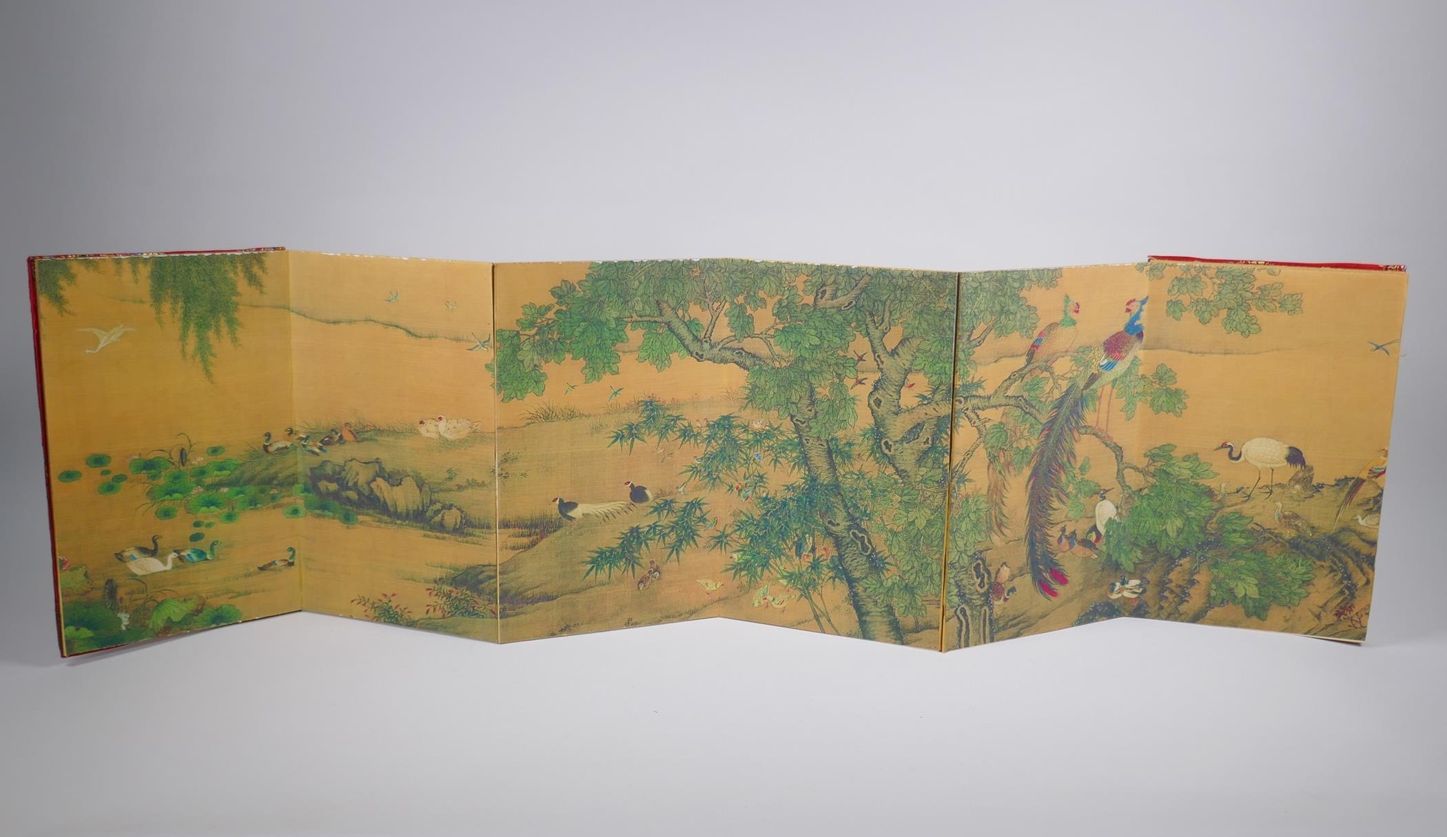 A Chinese printed concertina book depicting an extensive landscape with numerous asiatic birds, 18 x - Image 2 of 4