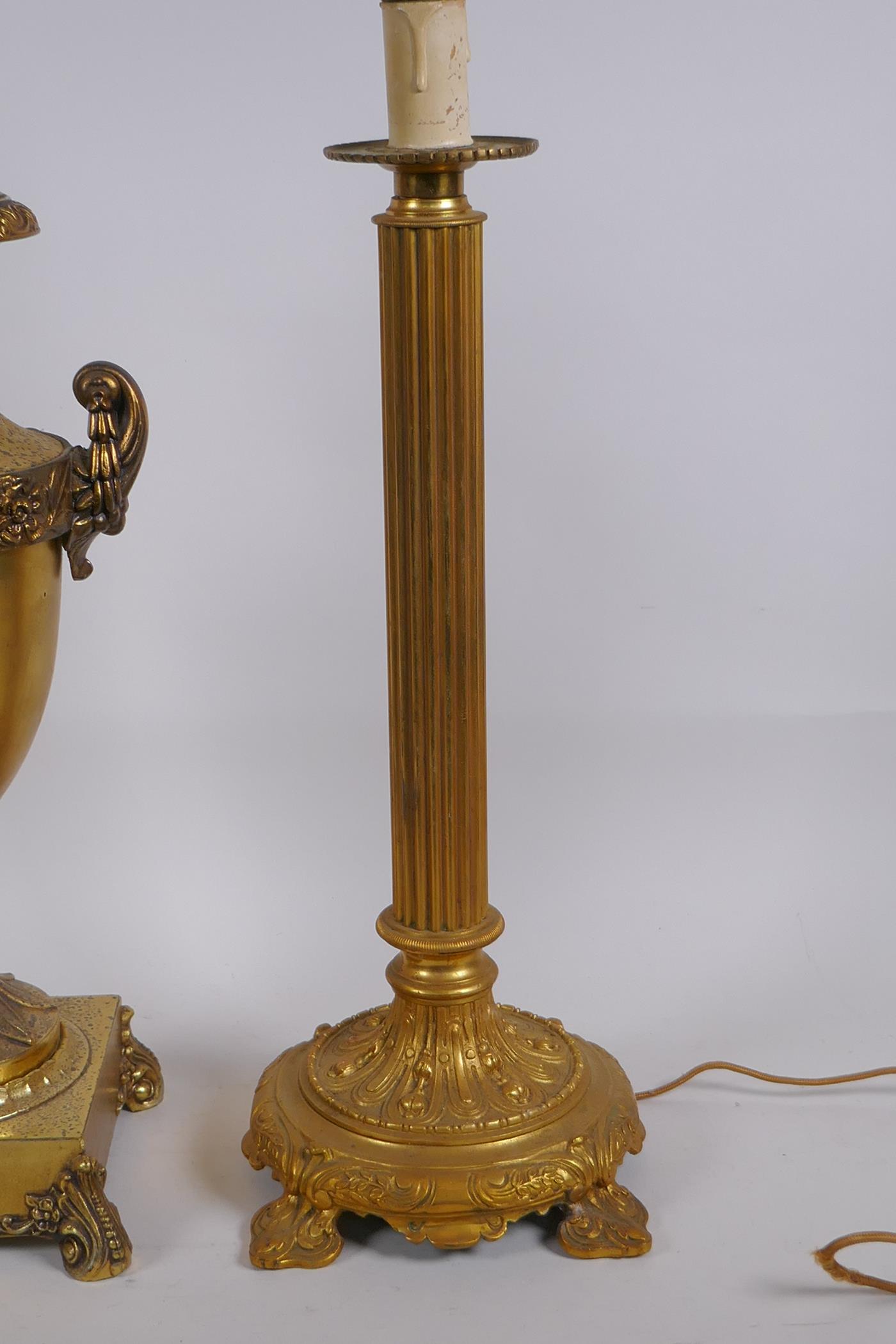 An ormolu fluted column table lamp and gilt metal table lamp in the form of an urn, largest 49cm - Image 2 of 3