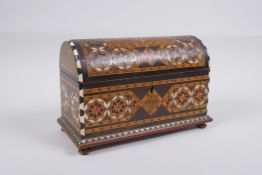 An antique parquetry inlaid jewellery casket, 21 x 10cm, 13cm high