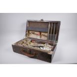 An antique brass mounted rosewood writing slope, historically converted to an artist's box, with