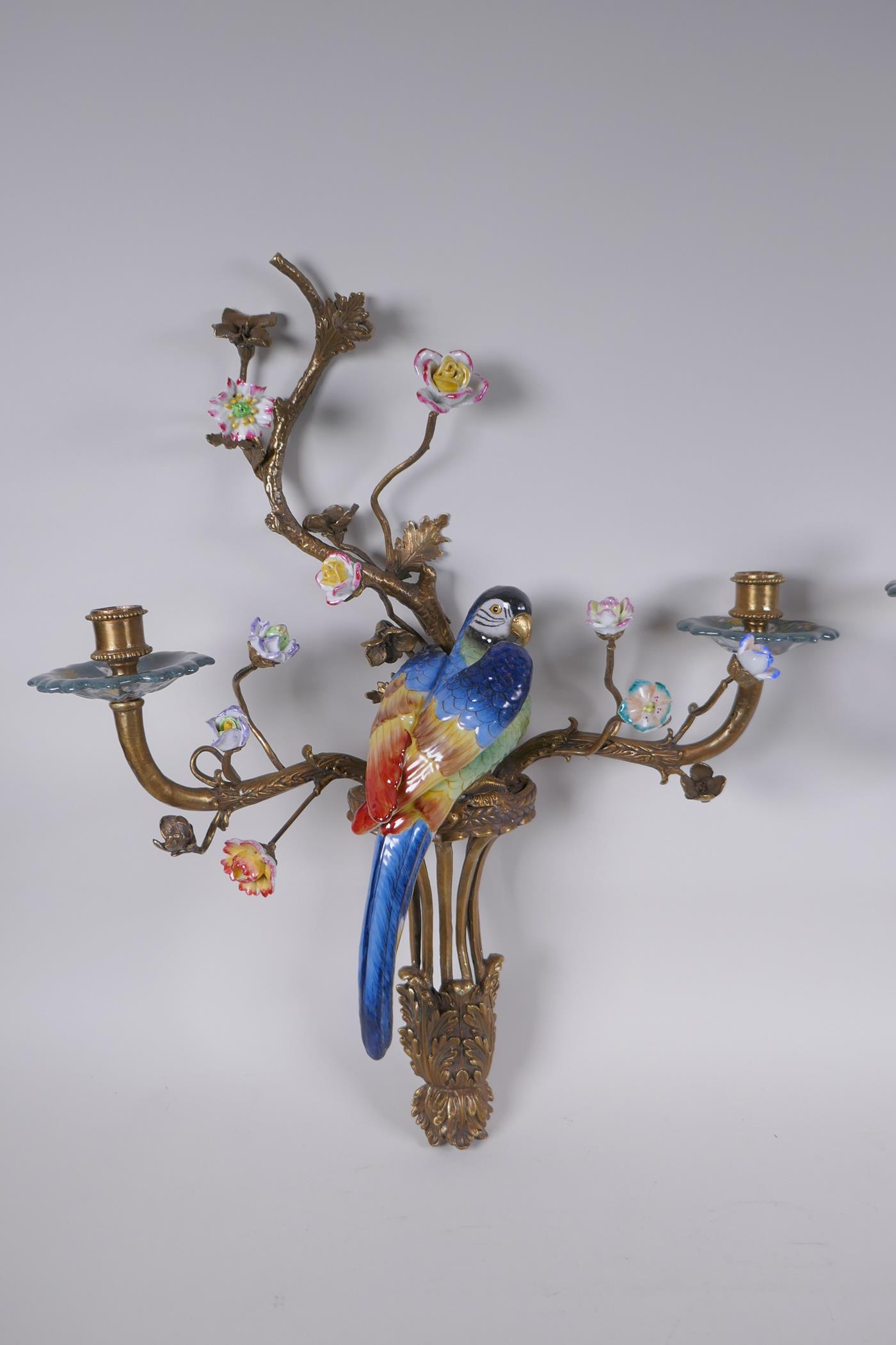 A pair of polychrome porcelain and gilt metal two branch parrot wall sconces with decorative - Image 3 of 4