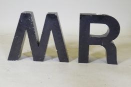 Two vintage painted metal sign letters, 31cm high, 9cm deep