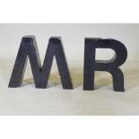 Two vintage painted metal sign letters, 31cm high, 9cm deep