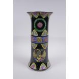 A famille noir porcelain gu shaped vase with phoenix and lotus flower decoration, Chinese