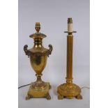 An ormolu fluted column table lamp and gilt metal table lamp in the form of an urn, largest 49cm