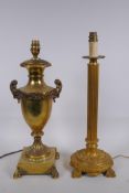 An ormolu fluted column table lamp and gilt metal table lamp in the form of an urn, largest 49cm