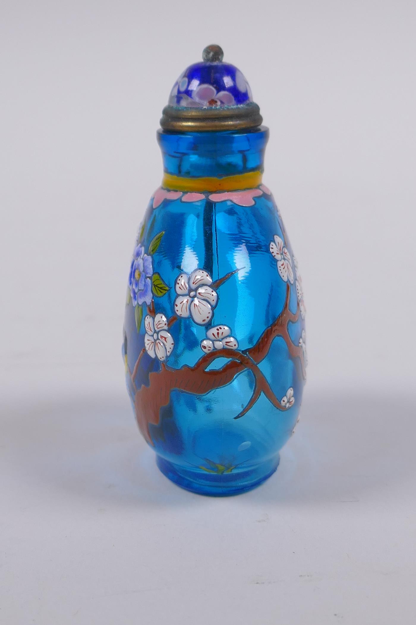 A Chinese blue glass snuff bottle with polychrome enamel decorated of birds in a prunus tree, 3 - Image 2 of 4