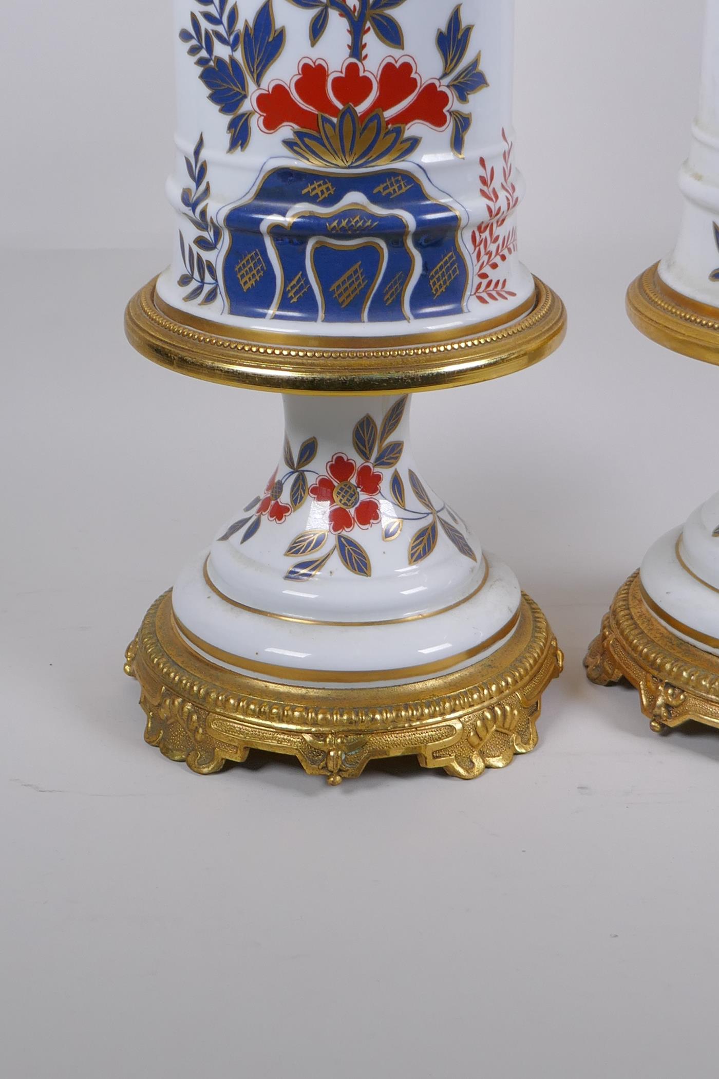 A pair of ormolu and porcelain lamp bases with Imari style decoration, 59cm high - Image 3 of 4