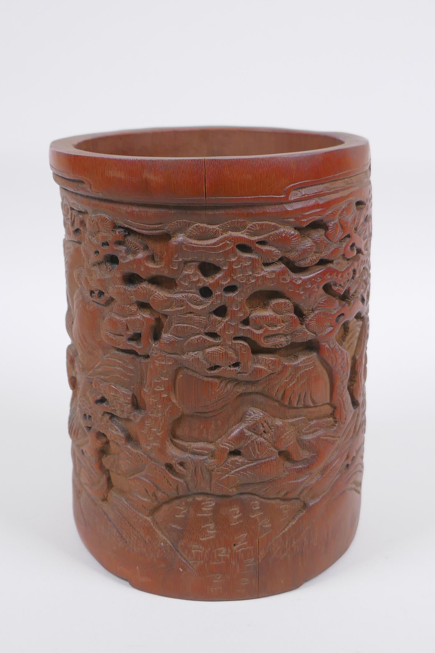 A Chinese carved bamboo brush pot decorated with figures in a landscape, 16cm high - Image 2 of 5