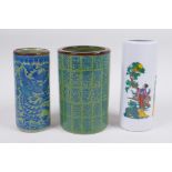 A Chinese green crackle glazed porcelain brush pot with allover character decoration, another