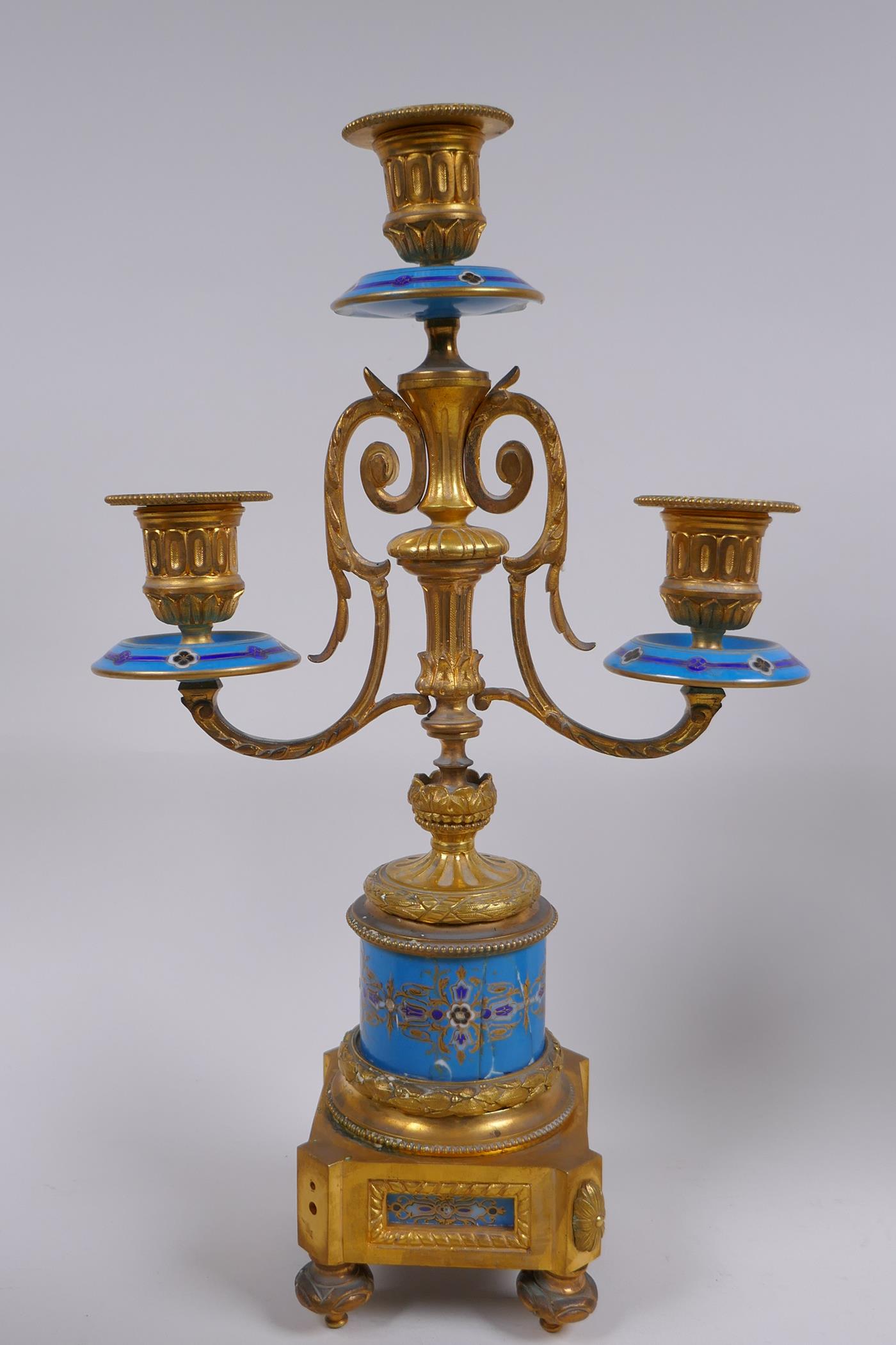 A late C19th/early C20th French ormolu and Sevres style porcelain clock garniture, the hand - Image 7 of 13