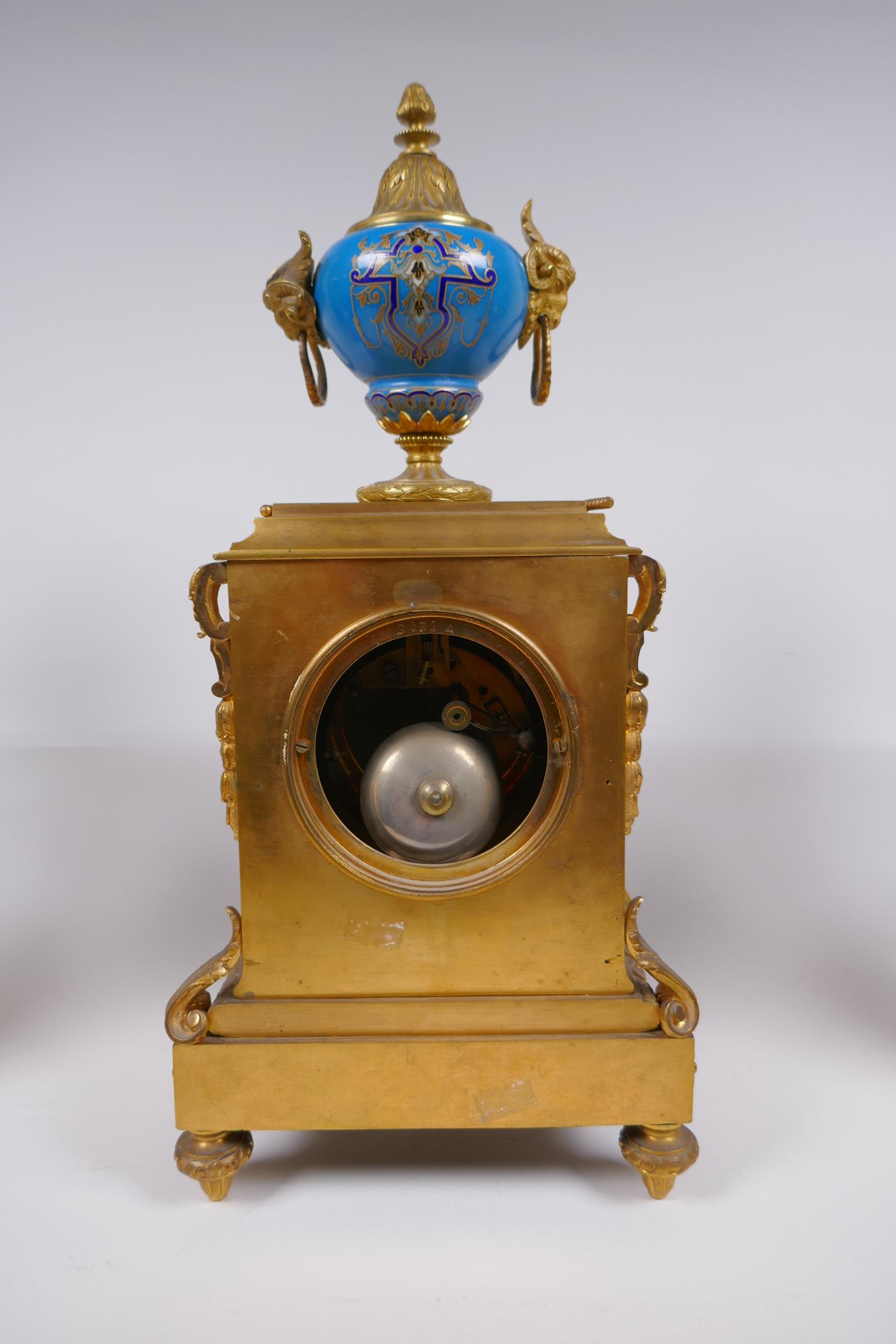 A late C19th/early C20th French ormolu and Sevres style porcelain clock garniture, the hand - Image 5 of 13