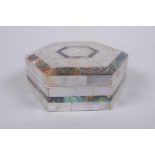A mother of pearl abalone hexagonal trinket box, 12cm diameter