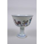 A Doucai porcelain stem cup with chicken decoration, Chinese Chenghua 6 character mark to base,