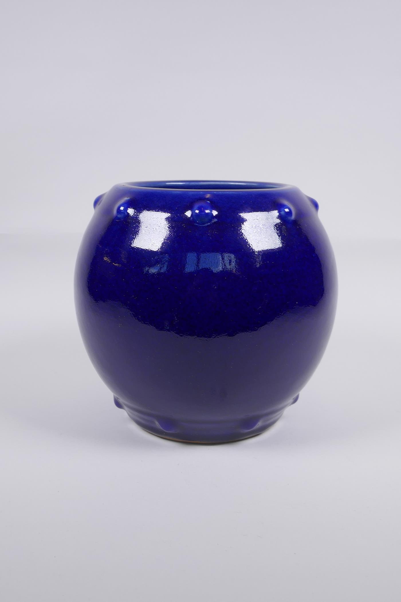 A Chinese blue glazed porcelain barrel shaped vase, KangXi 6 character mark to base, 19cm high, 22cm - Image 2 of 5