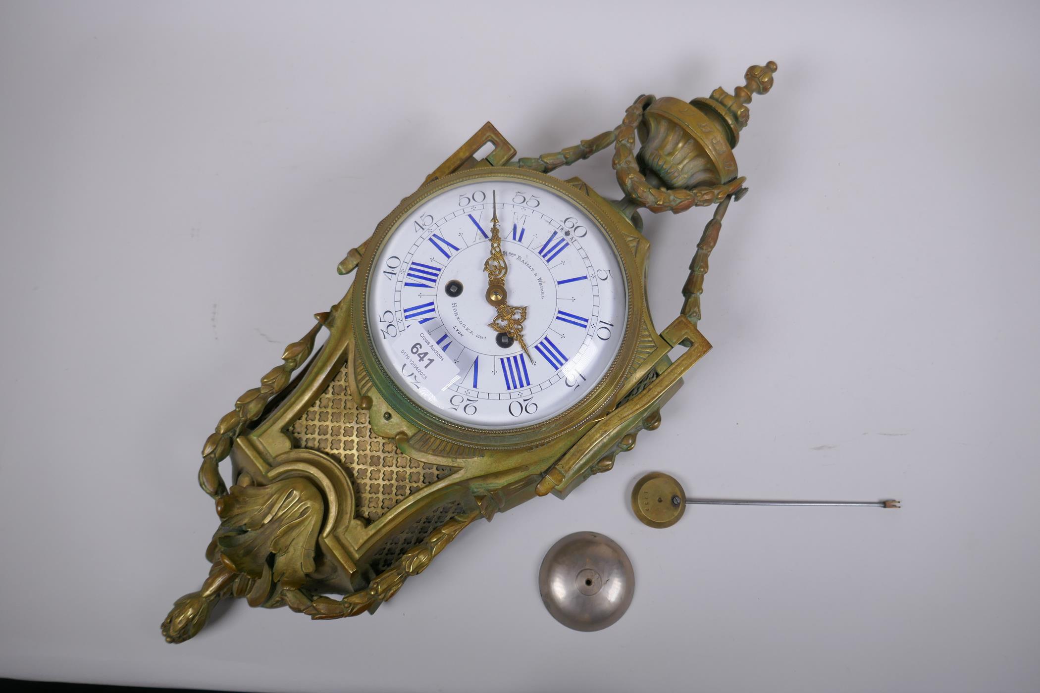 A C19th French ormolu cartel clock, the enamel dial with Roman numerals, and marked 'M son - Image 8 of 8