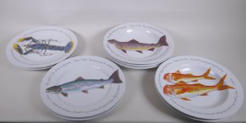 Richard Bramble for Jersey Pottery, five steep sided bowls and 4 matching dining plates, all