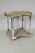 A mid century gilt metal two tier side table, with pierced gallery top, faux leather tops united
