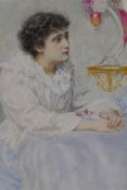 G. Brown, portrait of a young lady seated at a table, signed, and dated (18) '95, watercolour, 35