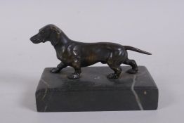 An antique bronze figure of a Dachshund, on a marble base, 10cm long