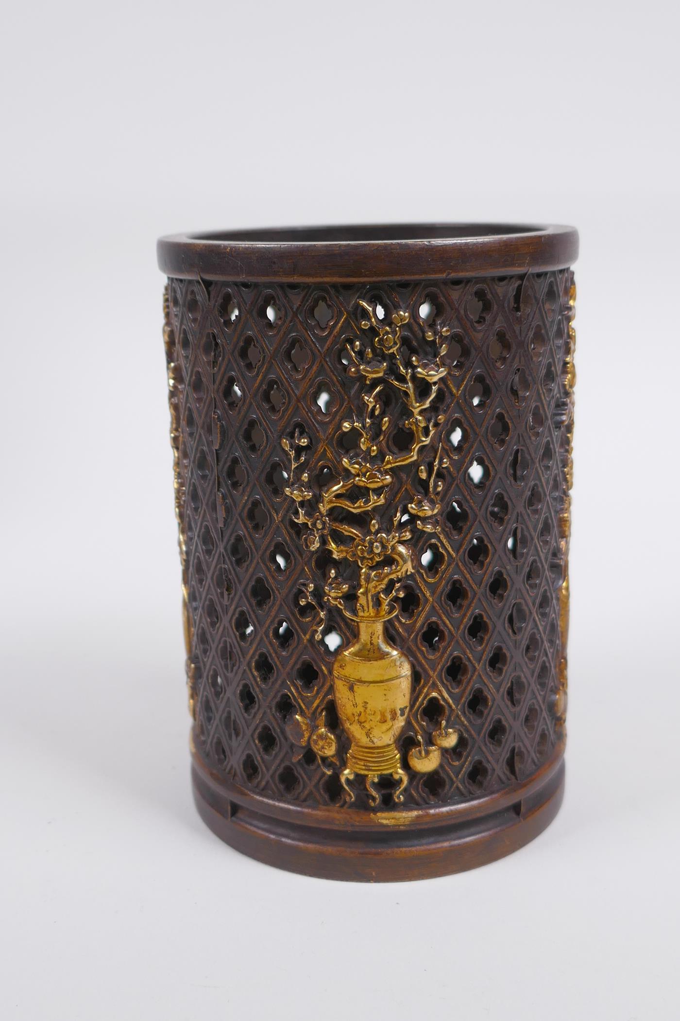 A Chinese pierced bronze brushpot decorated with flowers in vases highlighted with gilt, 12cm high x - Image 3 of 5