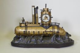 A vintage style bronze nautilus table clock and barometer mounted on a wood base, 89cm long, 57cm