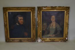 A pair of C19th portraits of a lady and gentleman in gilt frames, gentleman appears to be