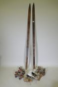 A pair of antique wood skis, 189cm long, a pair of skates and three pairs of Jeco vintage roller