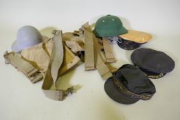 Military helmets, webbing and kit bag and military caps