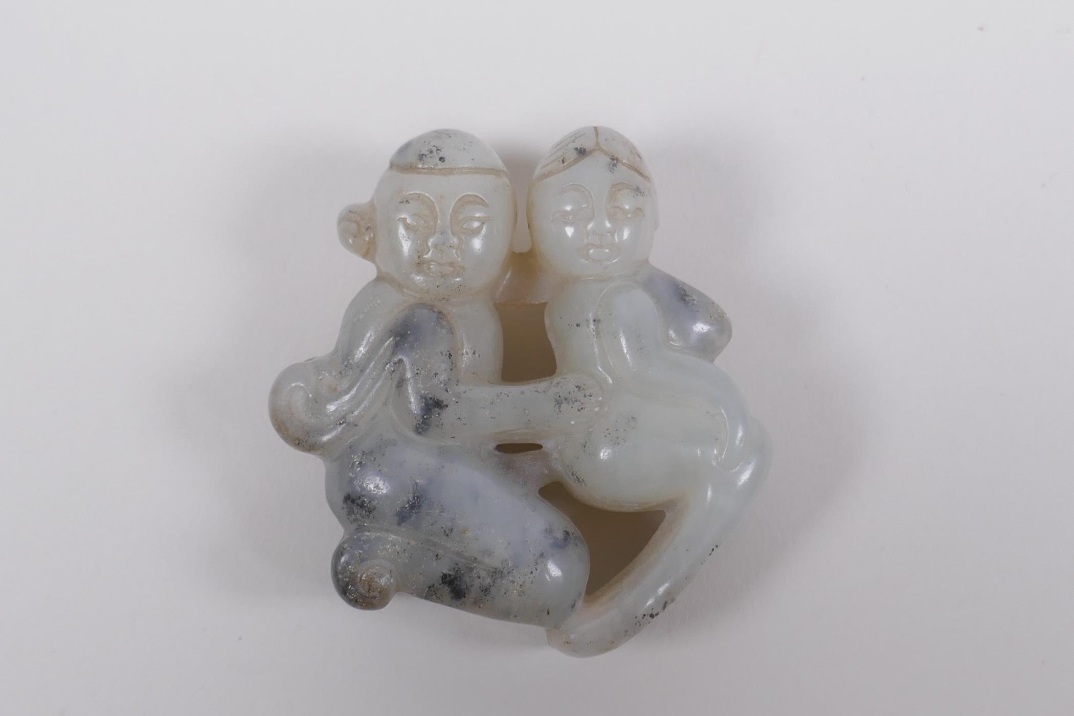 A Chinese carved grey hardstone pendant of erotic form, and a carved crystal phallic pendant, 8cm - Image 2 of 4