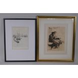Roland Langmaid, signed etching of shipping at Tower Bridge, and another etching, Hubert Herkomer,