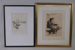 Roland Langmaid, signed etching of shipping at Tower Bridge, and another etching, Hubert Herkomer,