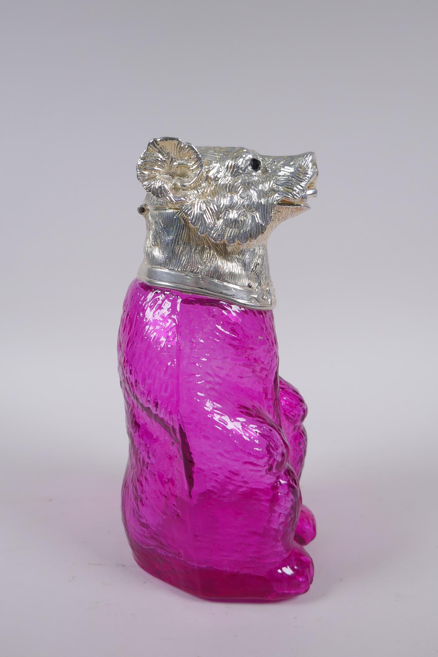 A silver plate and cranberry coloured glass bear decanter, 22cm high - Image 3 of 4