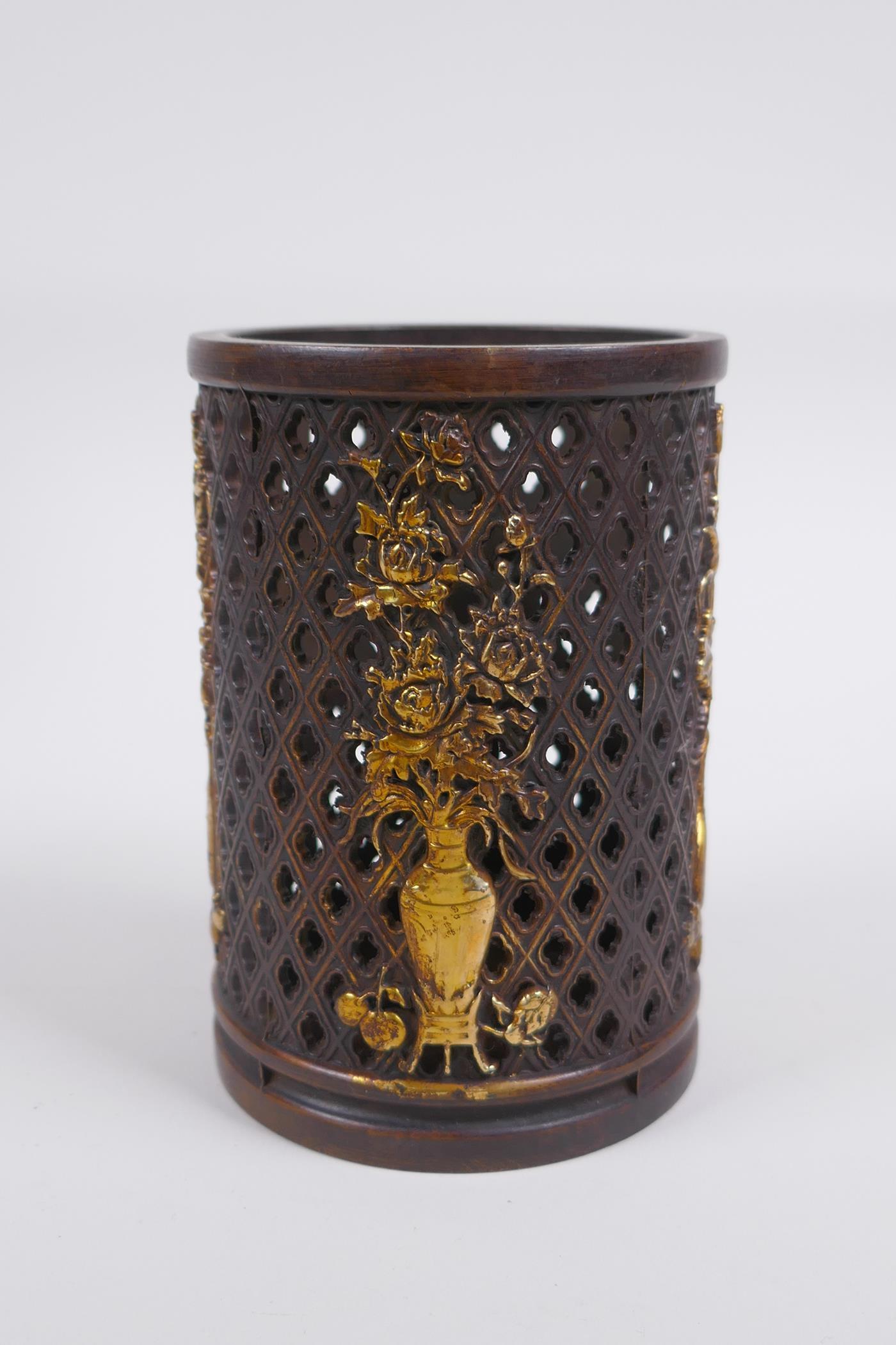 A Chinese pierced bronze brushpot decorated with flowers in vases highlighted with gilt, 12cm high x - Image 4 of 5