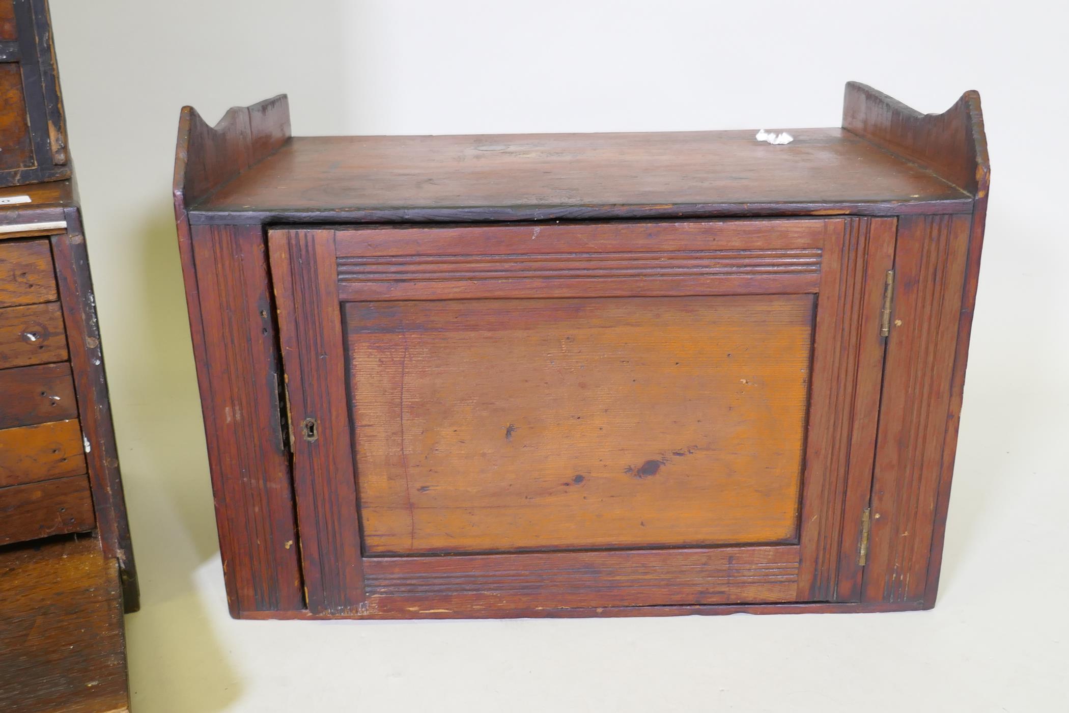 A late C19th pine cupboard with single door opening to reveal three drawers, 46 x 28 x 33cm, an - Image 3 of 6