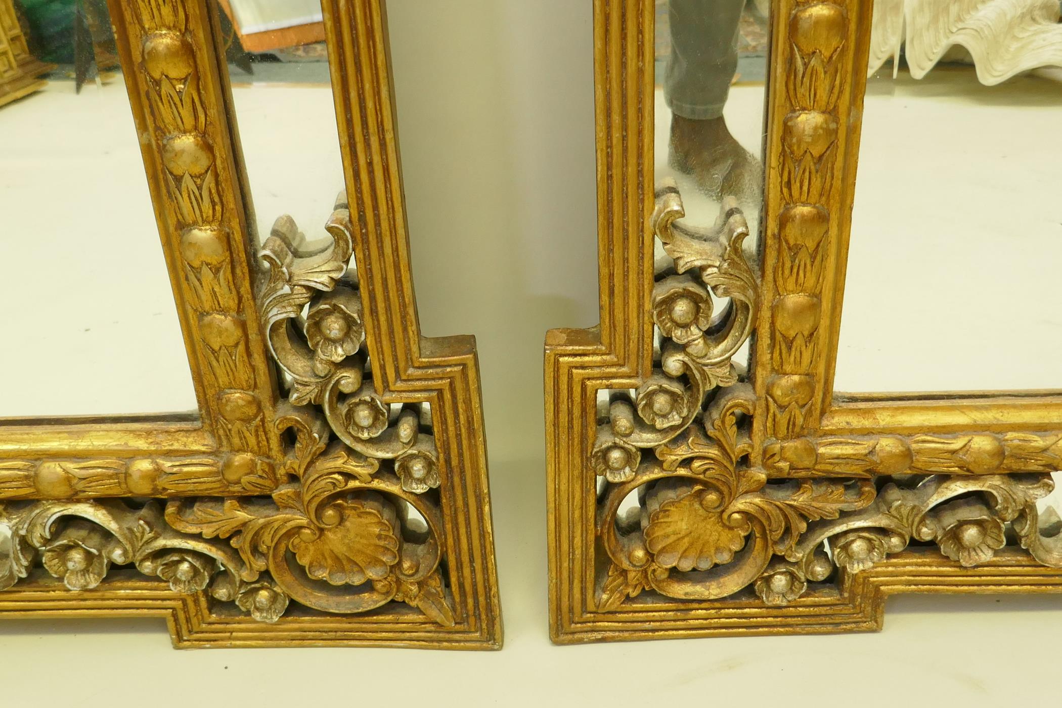 A pair of Rococo style gilt composition wall mirrors with moulded floral detail, 99 x 198cm high - Image 5 of 5