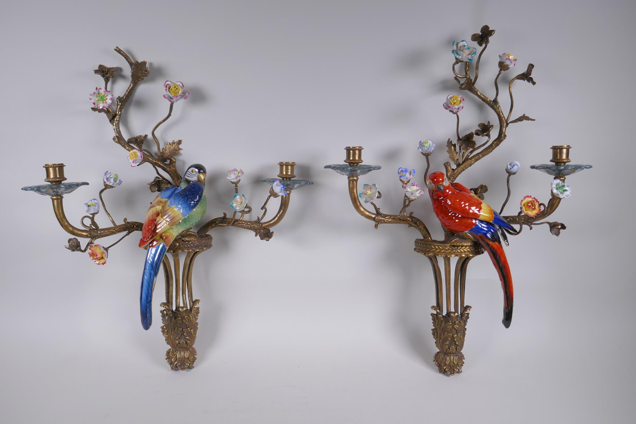 A pair of polychrome porcelain and gilt metal two branch parrot wall sconces with decorative