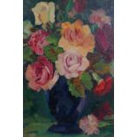 After A.E. Rice, still life, roses in a vase, signed, oil on board, 30 x 41cm