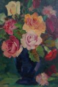 After A.E. Rice, still life, roses in a vase, signed, oil on board, 30 x 41cm