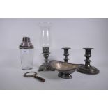 A pair of Harrods silver plated dwarf candlesticks, a bon-bon dish, glass cocktail shaker,