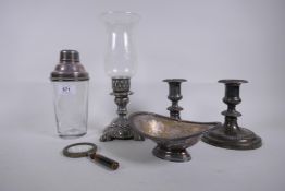 A pair of Harrods silver plated dwarf candlesticks, a bon-bon dish, glass cocktail shaker,