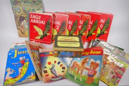 A large collection of British comic strips and annuals including The Beano, Teddy Bear, Eagle, Judy,