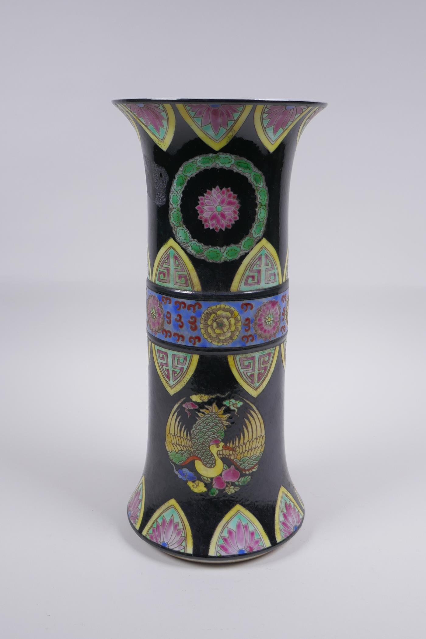A famille noir porcelain gu shaped vase with phoenix and lotus flower decoration, Chinese - Image 3 of 6
