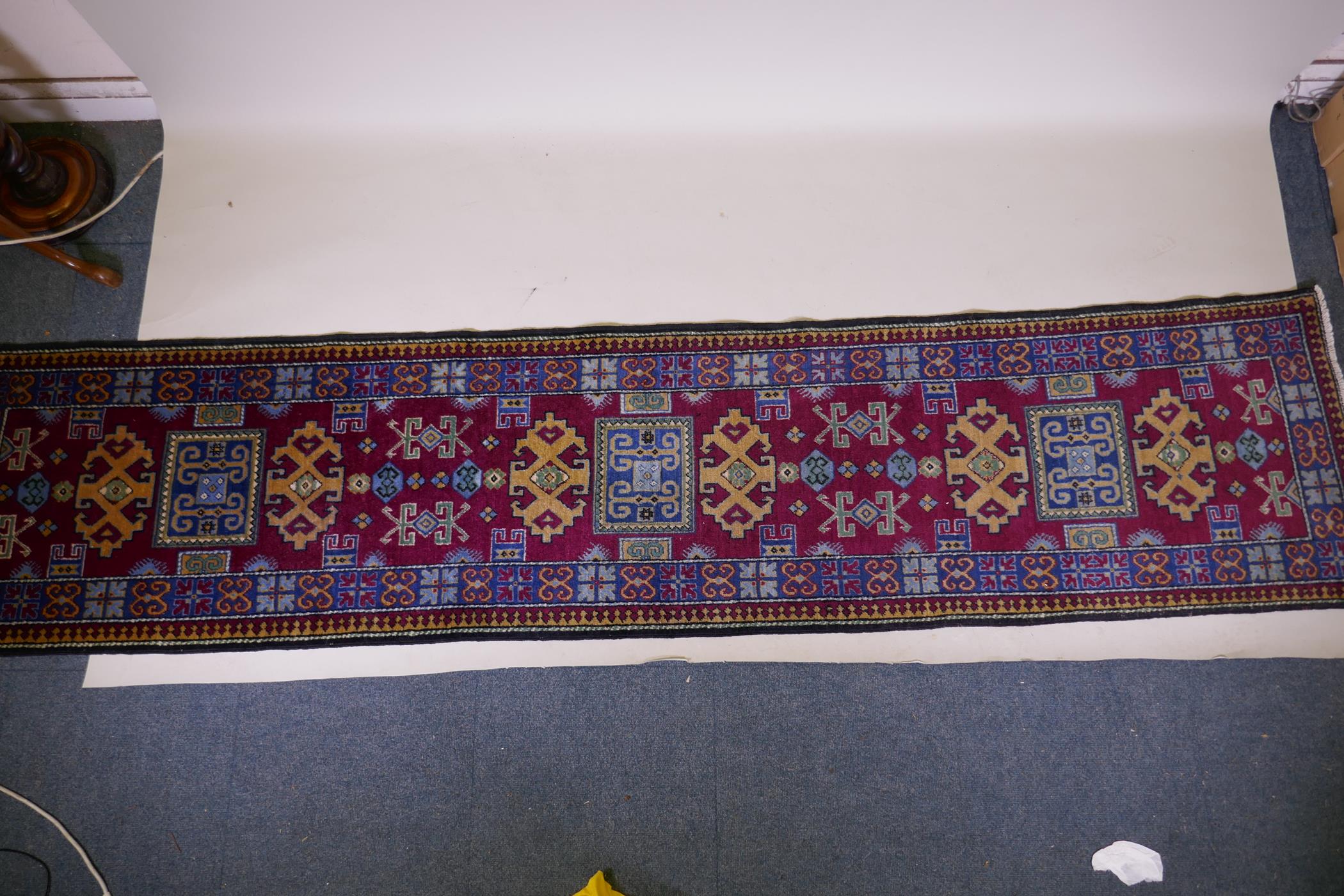 A claret wine ground wool caucasian runner with bespoke medallion design in unique colours, 322 x - Image 2 of 6