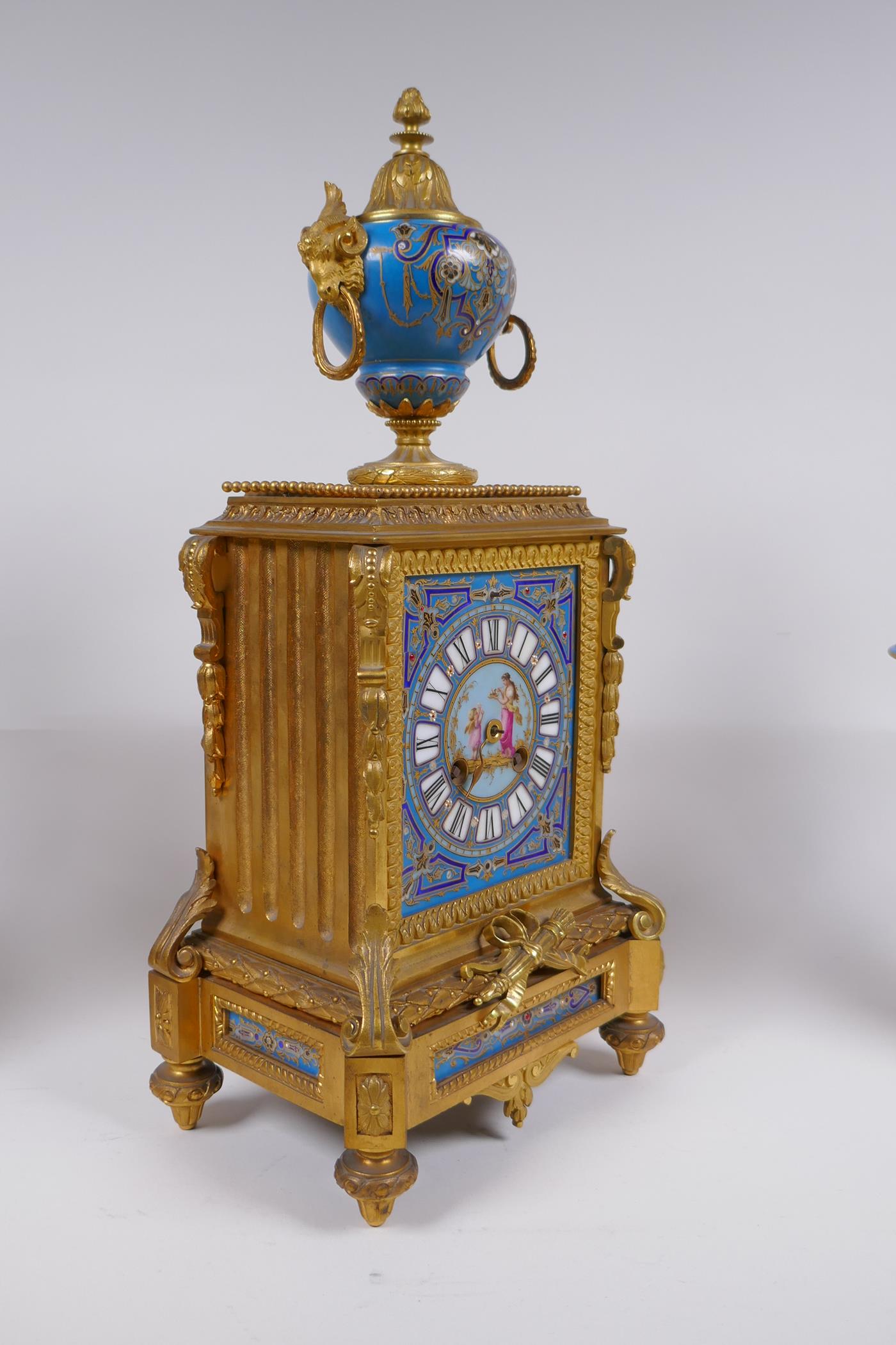 A late C19th/early C20th French ormolu and Sevres style porcelain clock garniture, the hand - Image 4 of 13