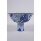 A blue and white porcelain stem bowl with dragon decoration, Chinese Xuande 6 character mark to