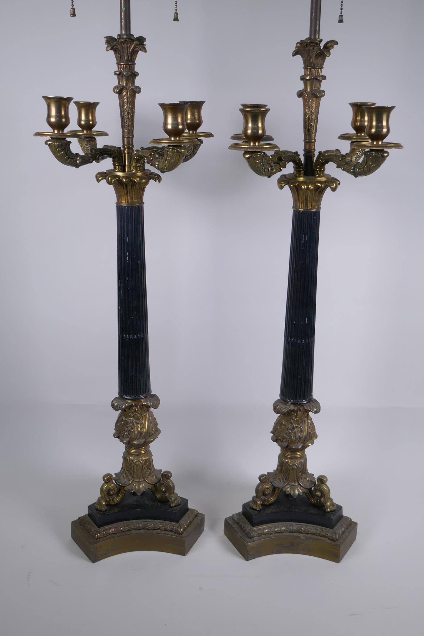 A pair of Empire style bronze and ormolu Corinthian four branch table lamps, 98cm high - Image 2 of 4